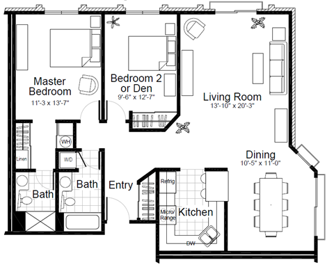 Floor plan for 2 beds, 1.8 baths, 1183 sqft